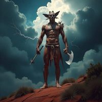 Namarrkon, the Aboriginal Lightning Man, towering within storm clouds over Arnhem Land.