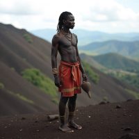 Nkya from Nkole oral tradition, portrayed as an early human figure standing on barren primordial earth