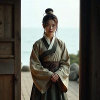 Noiljadae as a Jeju mythological figure, depicted as a solemn Korean woman standing at the wooden threshold of a traditional Jeju home