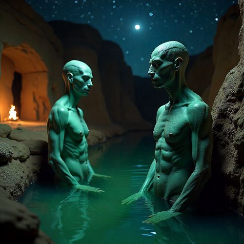 Nommo, ancient amphibious ancestral spirits from Dogon belief, depicted as tall humanoid beings with subtle aquatic features.