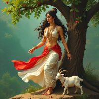 Pattini, the Sri Lankan guardian goddess, depicted as a serene woman in flowing white and red attire