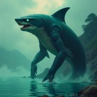 Mythlok - Samebito A towering shark-humanoid Samebito standing at the edge of a misty lake