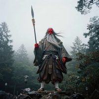 towering Sarutahiko Ōkami standing at a misty crossroads between heaven and earth