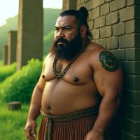 Taga, a towering ancient Chamorro giant chief, standing beside massive latte stone pillars