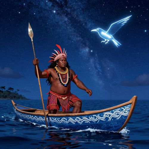 Tagai as a powerful Torres Strait Islander fisherman standing in a glowing celestial canoe formed from the Milky Way