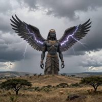Tororut, the supreme Kalenjin sky deity, portrayed as a towering humanoid figure with vast luminous wings