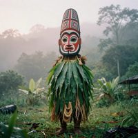A towering Tubuan spirit figure standing in a Tolai ceremonial ground