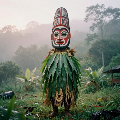 A towering Tubuan spirit figure standing in a Tolai ceremonial ground