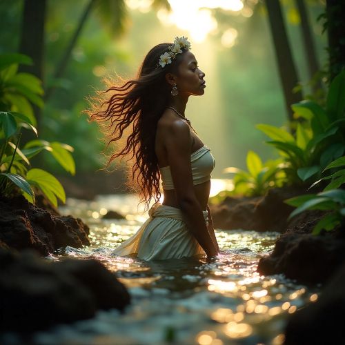 Vinmara as a divine Melanesian feminine spirit emerging from fertile island landscapes.