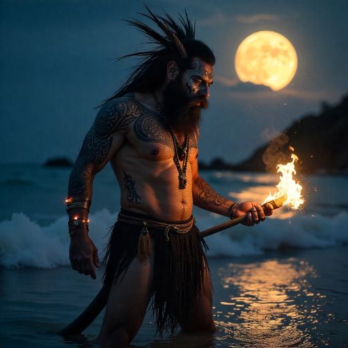 Wolphat, the Micronesian trickster deity, shown as a tattooed humanoid figure
