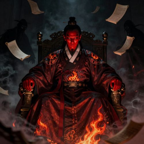 Yeomna, the Korean King of the Underworld, seated on an infernal throne.