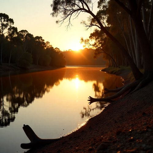 scene of Yorta Yorta Country along the Murray River at golden hour representing Yorta Yorta mythology