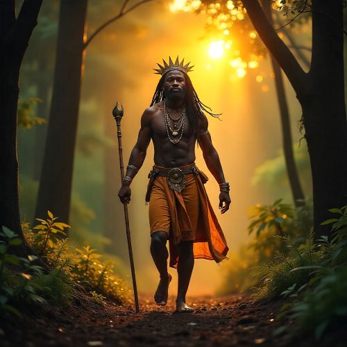 Central African creator god Zamba depicted as luminous presence standing between earth and sky