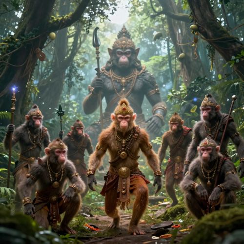 ancient Indian Vanaras in a lush forest kingdom.